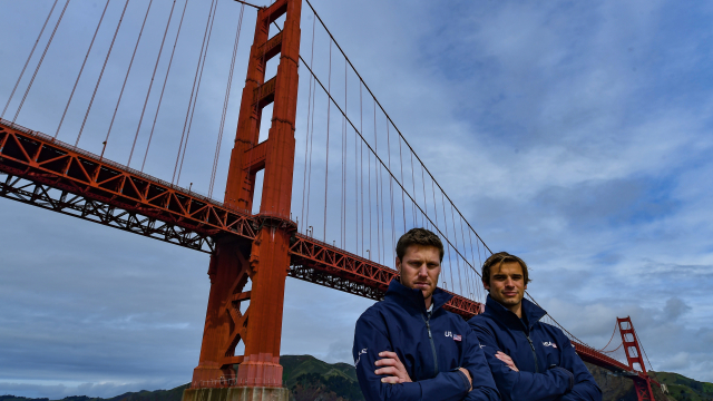 Rome Kirby and Mac Agnese in front of San Francisco's iconic Golden Gate Bridge