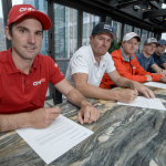 The helms from the six national SailGP Teams sign the UN Climate Change Sports for Climate Action fr