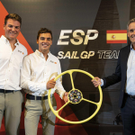 Joan Cardona and Jordi Xammar receive the F50 wheel from Sir Russell Coutts