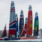 The fleet of six F50s light up San Francisco Bay