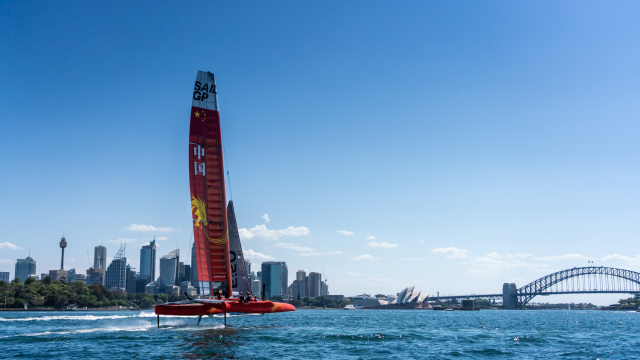 The China SailGP Team F50 takes flight in Sydney